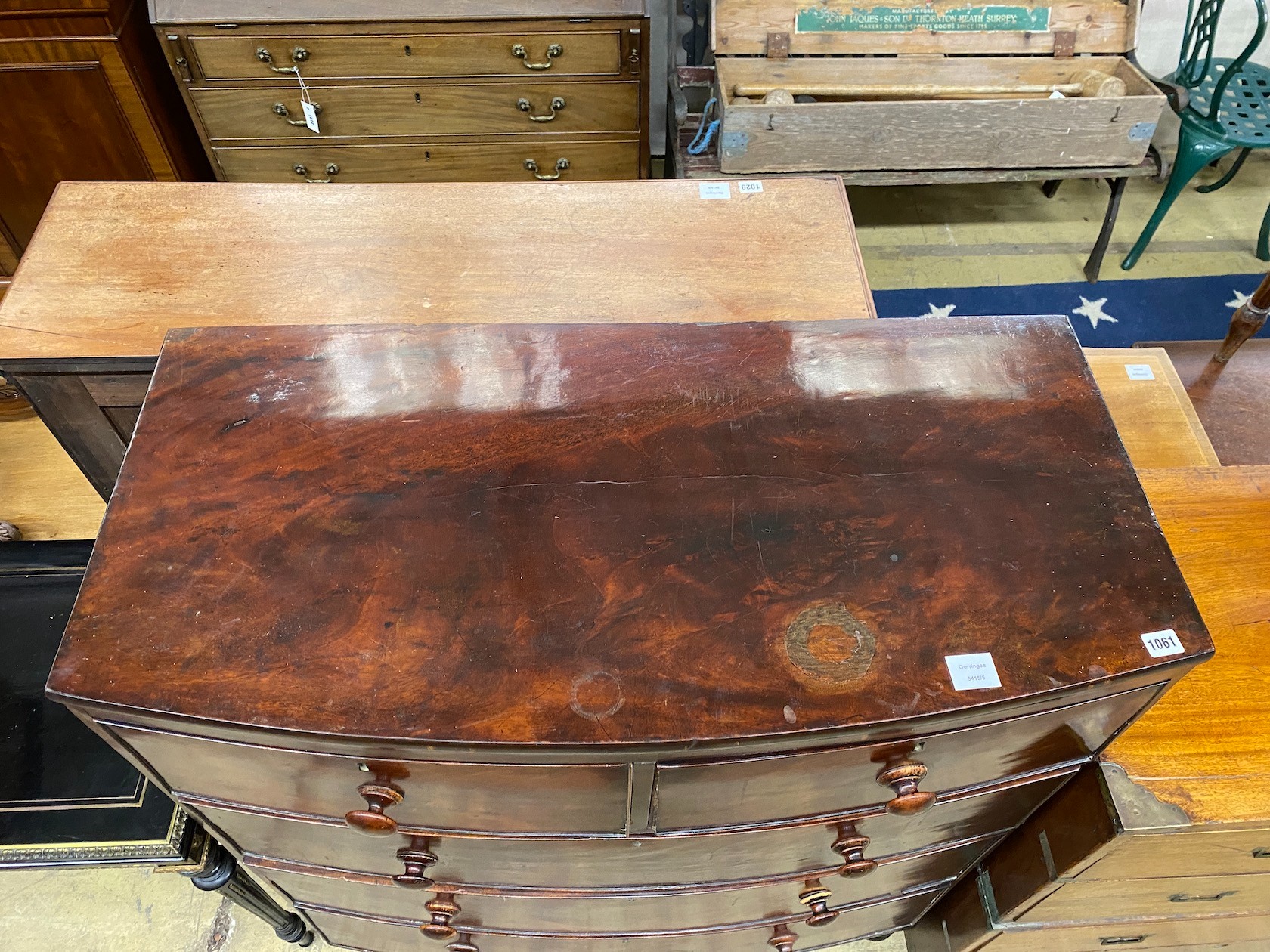 An early Victorian mahogany bow fronted chest of drawers, width 100cm, depth 49cm, height 121cm